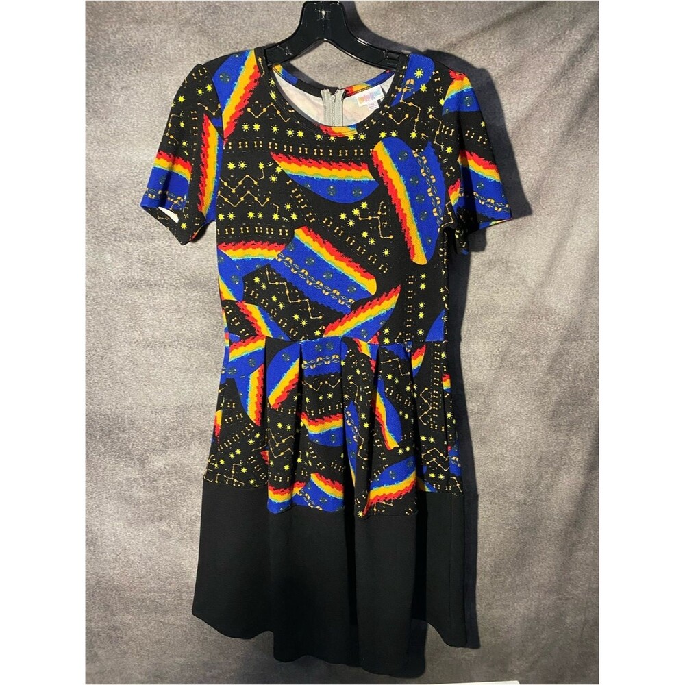 LuLaRoe Dani Dress Medium M Black Rainbow Constellation Star Pleated Maxi Midi
